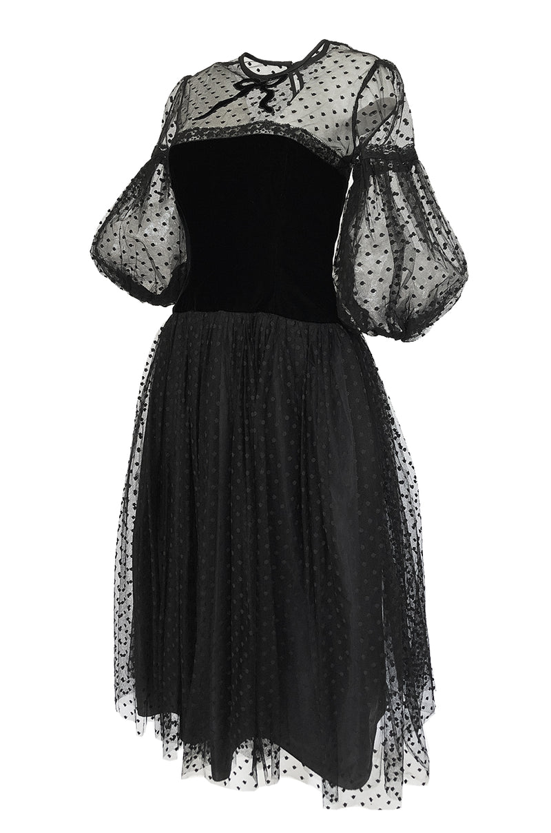 1970s Victor Costa Black Full Skirted Dotted Net & Velvet Bow Dress ...