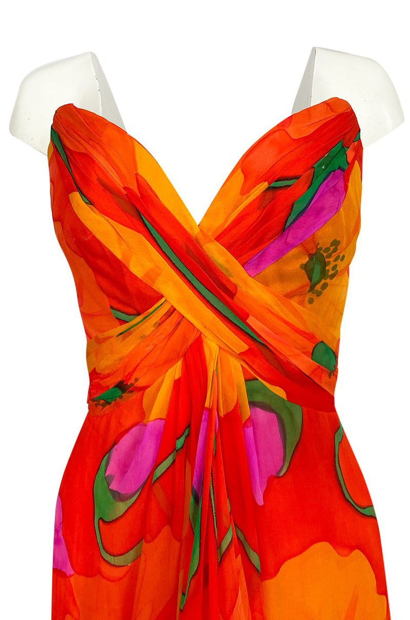Stunning 1970s Bob Mackie Huge Tropical Flower Print Silk Chiffon Dres ...
