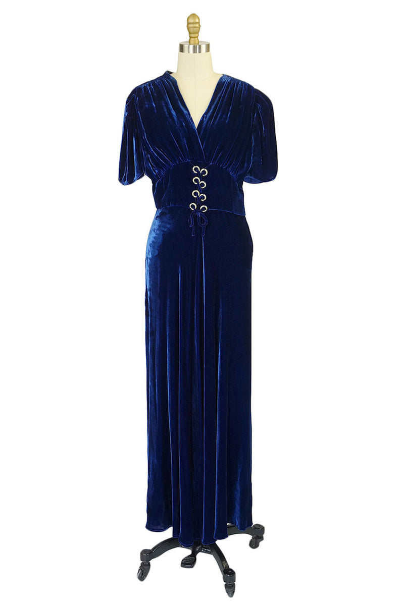 1930s Blue Silk Velvet Rhinestone Gown – Shrimpton Couture