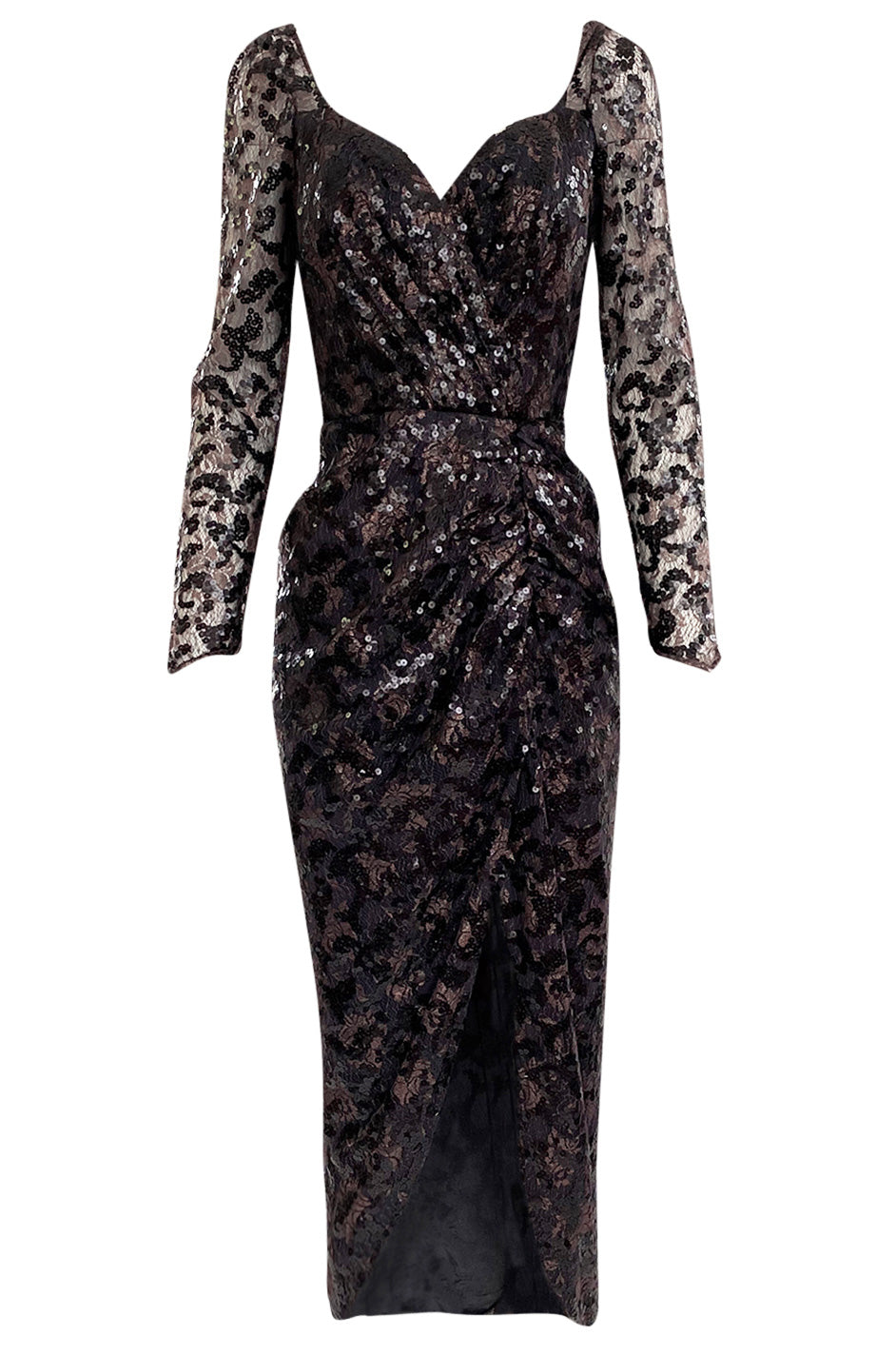 1980s Vicky Tiel Couture Fitted Metallic Net Dress w Extensive Black S ...