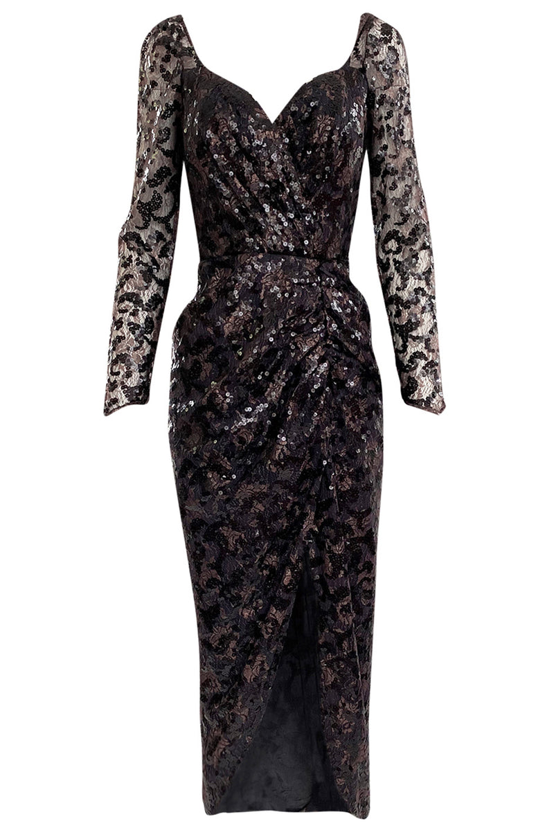 1980s Vicky Tiel Couture Fitted Metallic Net Dress w Extensive Black S ...