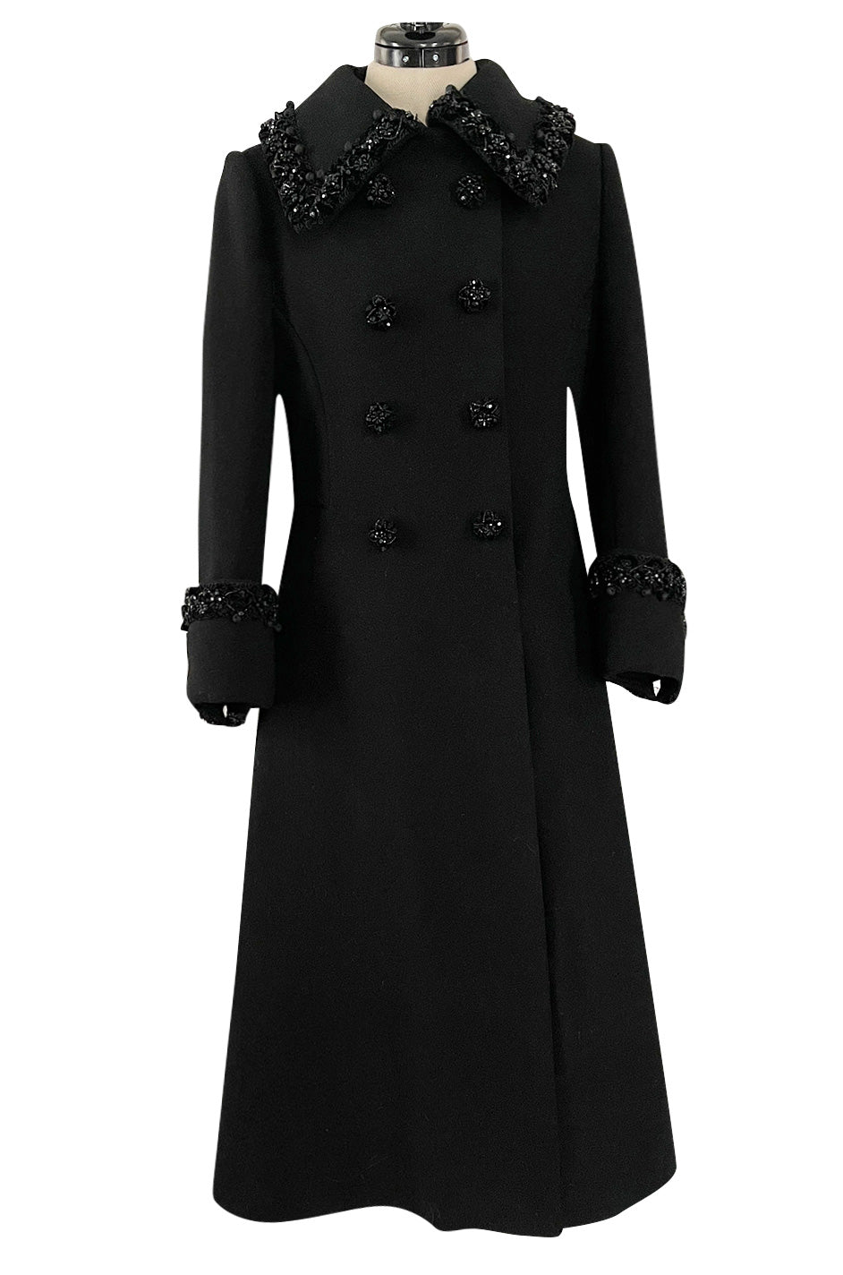 Glamorous 1960s Tailored Black Wool Coat w Densely Beaded Cuffs Collar ...