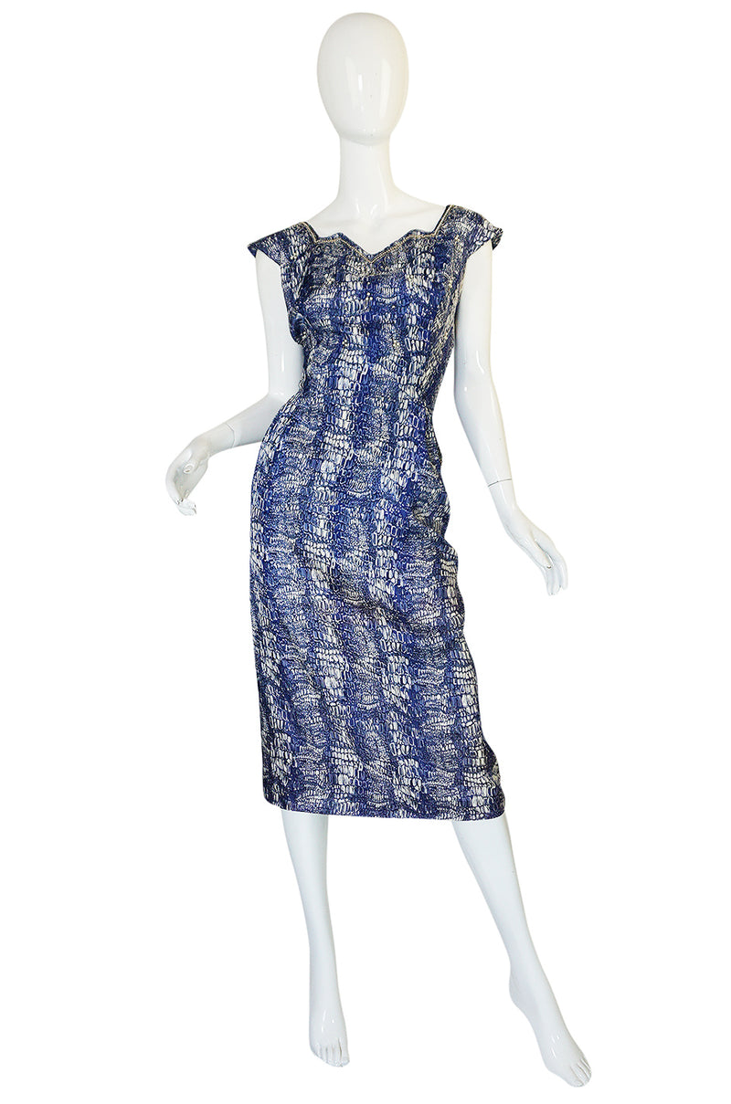 1940s Blue Crocodile/Alligator Print Silk Dress w Beaded Detail ...