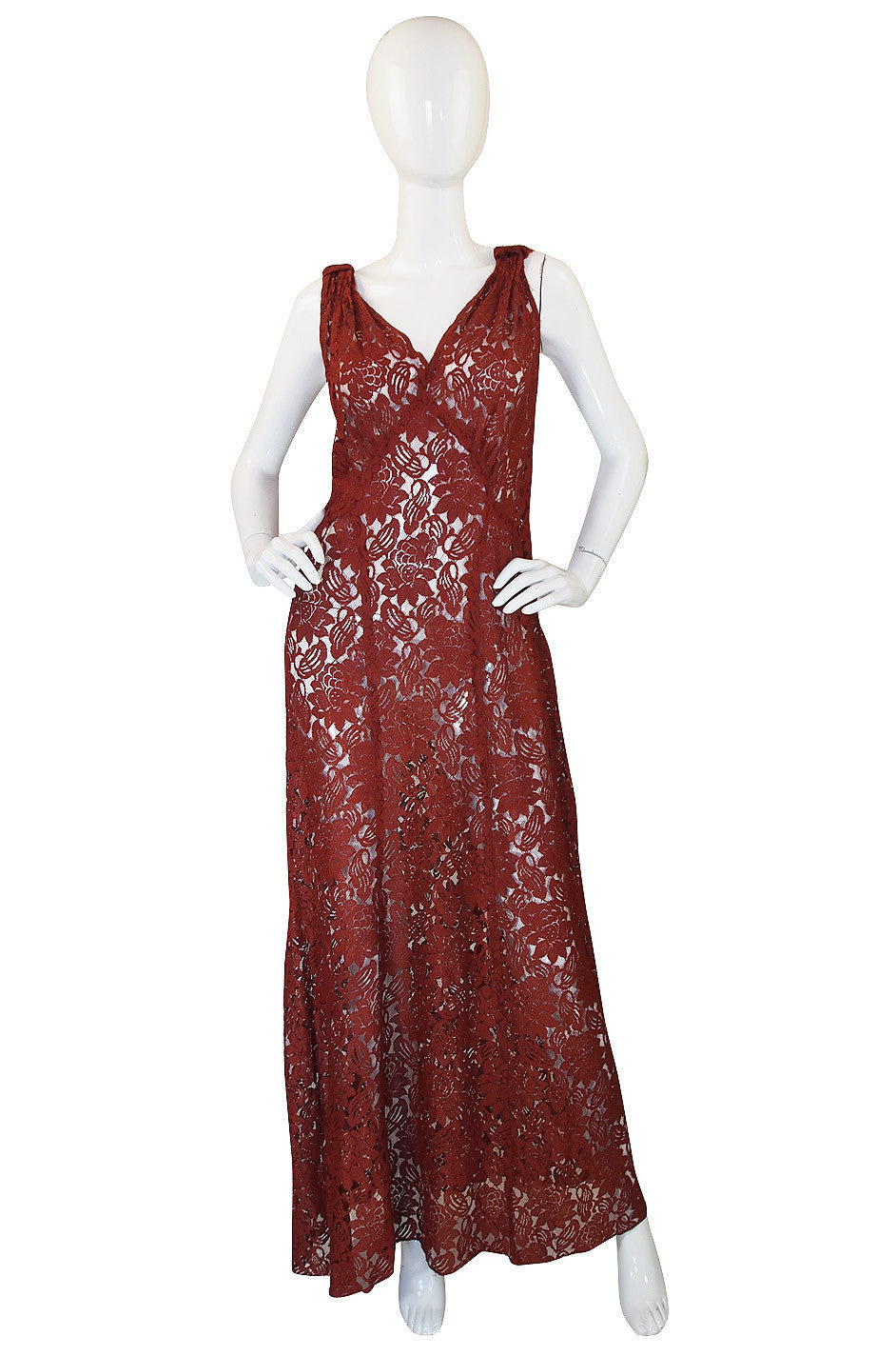 1930s Stunning Bias Cut Rust Lace Gown | shrimptoncouture.com