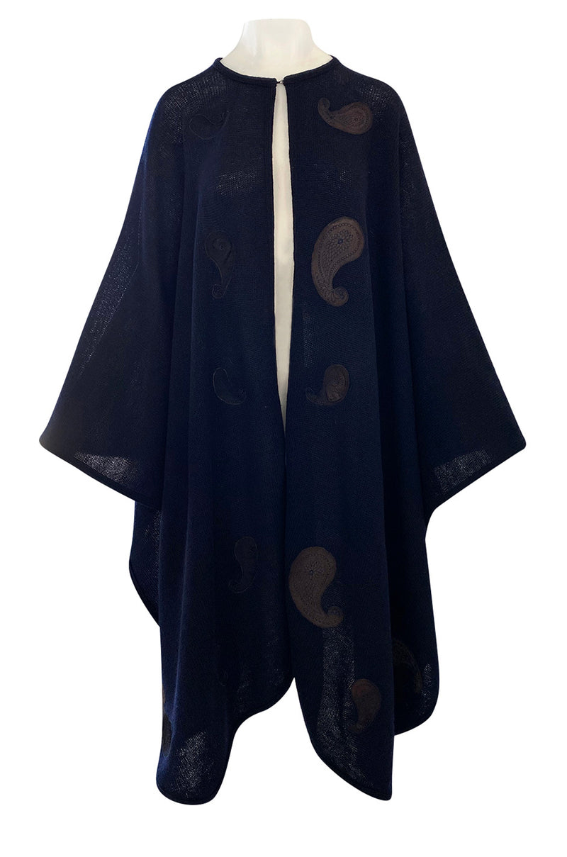 1970s Christian Dior Deep Blue Knit Poncho Cape w Leather Appliqué Wor ...