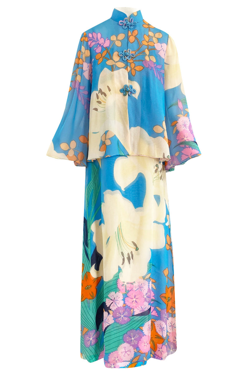 Extraordinary 1970s Hanae Mori Couture Pastel Turquoise Floral Print S ...