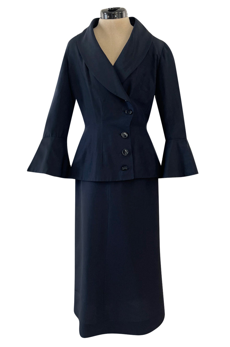 Stunning 1950s Jacques Fath Deep Navy Blue Silk Button Vent & Side But ...