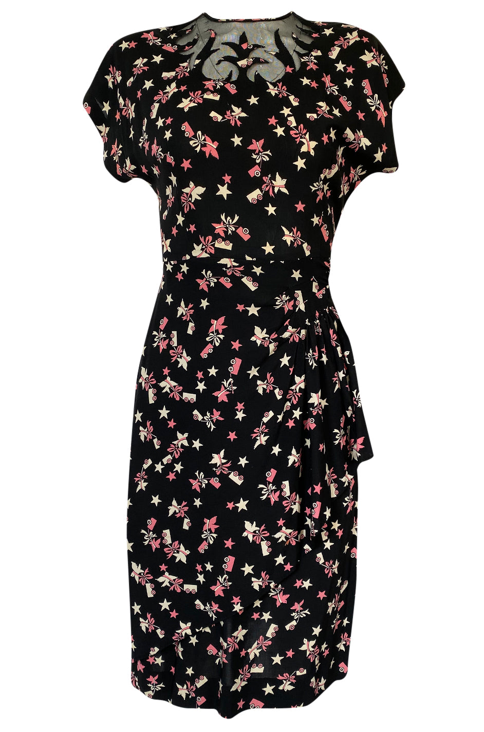1940s Unlabeled Prettiest Dove & Star Novelty Print Silky Rayon Dress ...