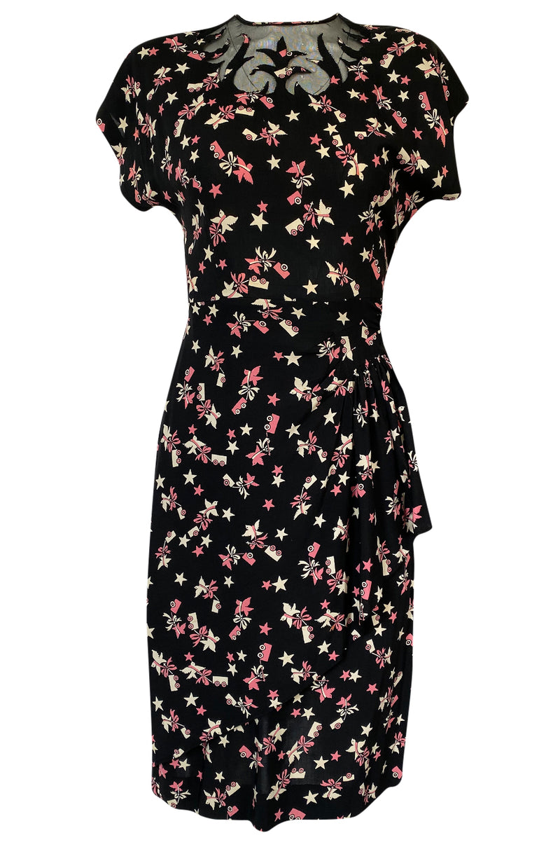 1940s Unlabeled Prettiest Dove & Star Novelty Print Silky Rayon Dress ...