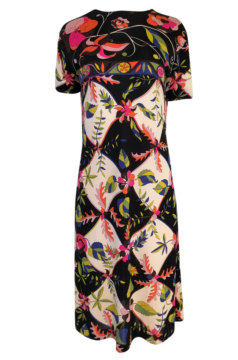 1960s Emilio Pucci Unusual Bright Floral & Black Print Silk Jersey Dre ...