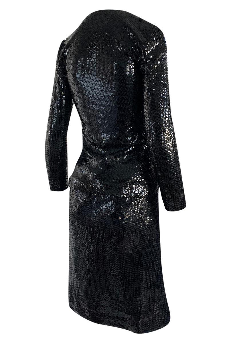 1973 Halston Couture Glossy Black Hand Applied Sequin Skirt & Jacket E ...