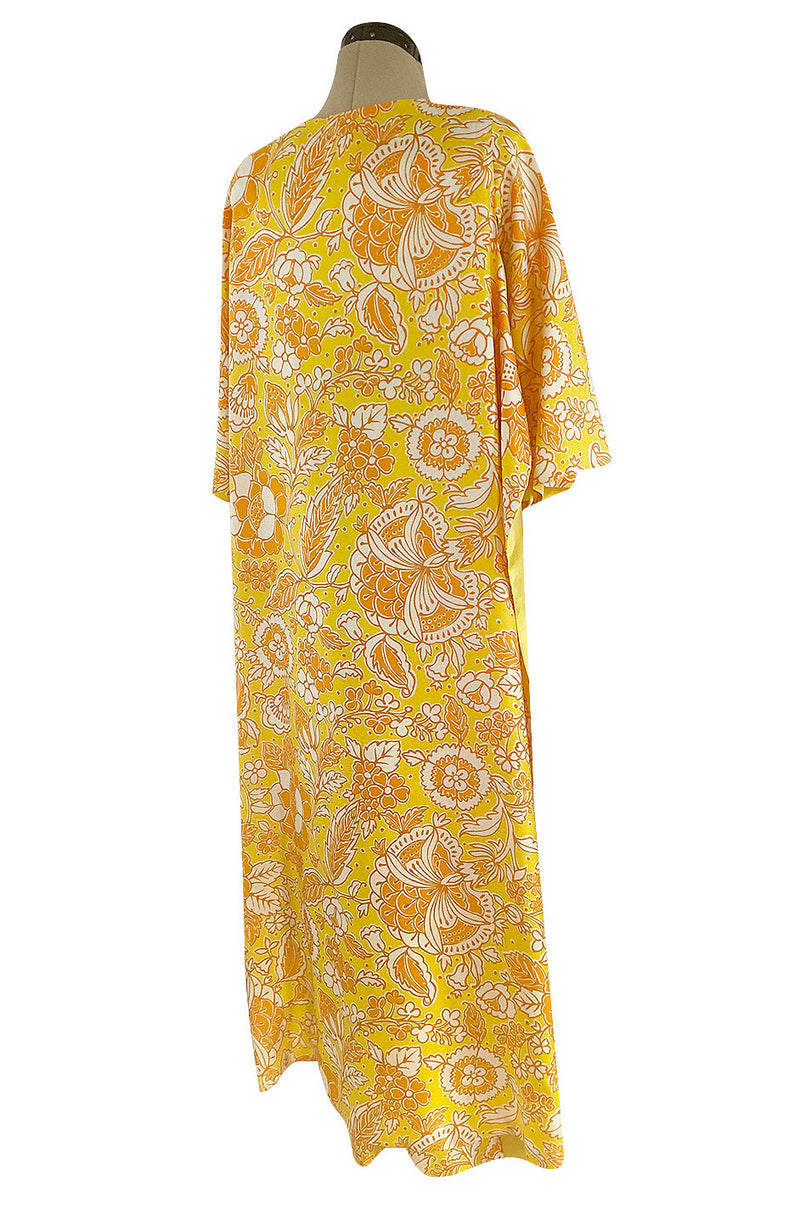 1960s Unusual Wrapped & Tie Printed Yellow Jumpsuit w Full Length Cape ...