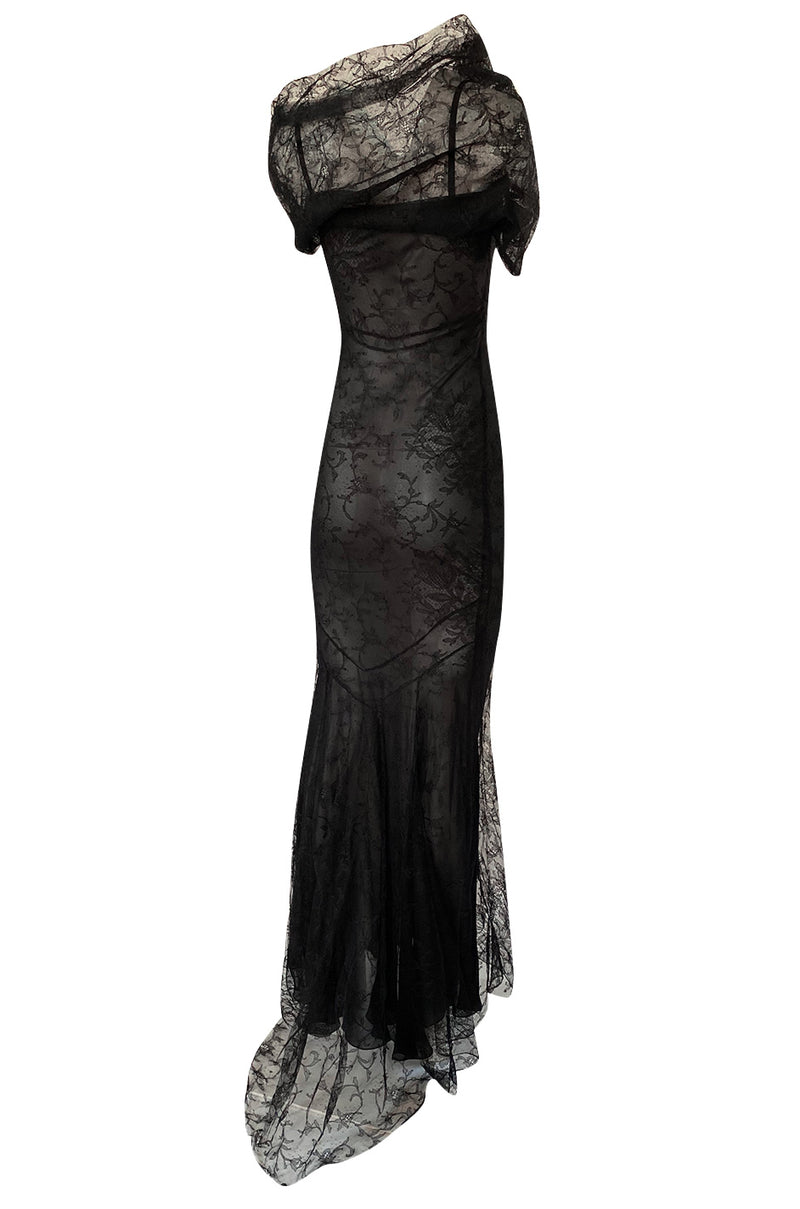 Incredible 2000s John Galliano Fine Black Lace Dress w Train & High Co ...