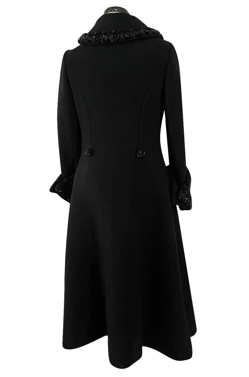 Glamorous 1960s Tailored Black Wool Coat w Densely Beaded Cuffs Collar ...