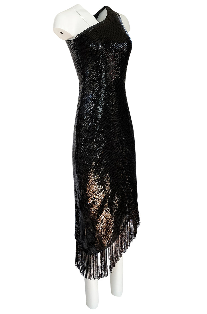 1974 Bill Blass One Shoulder Glossy Black Sequin Dress with Fringe Hem ...