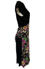 1940s Unlabeled Mixed Silk Crepe & Floral Silky Rayon 'Apron' Dress