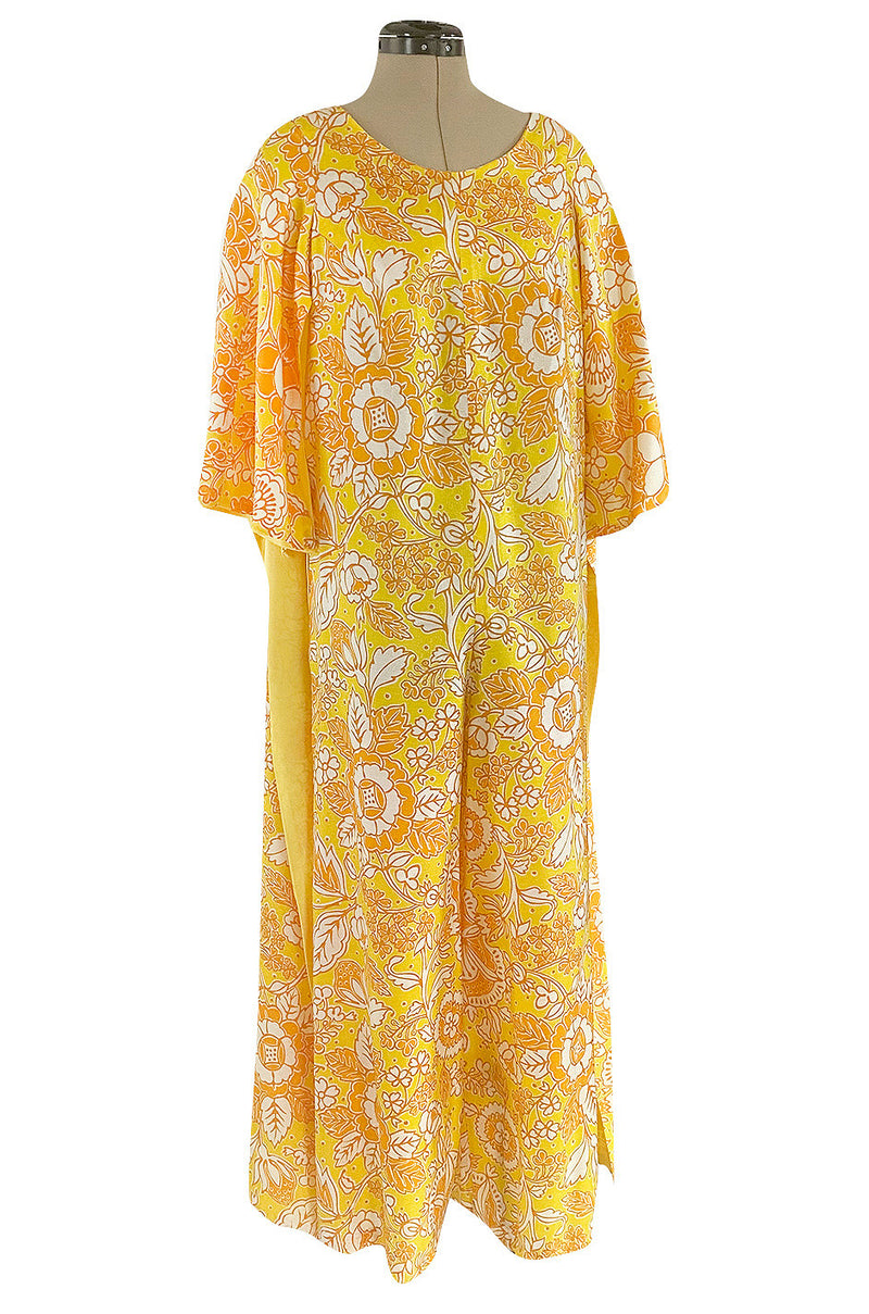 1960s Unusual Wrapped & Tie Printed Yellow Jumpsuit w Full Length Cape ...