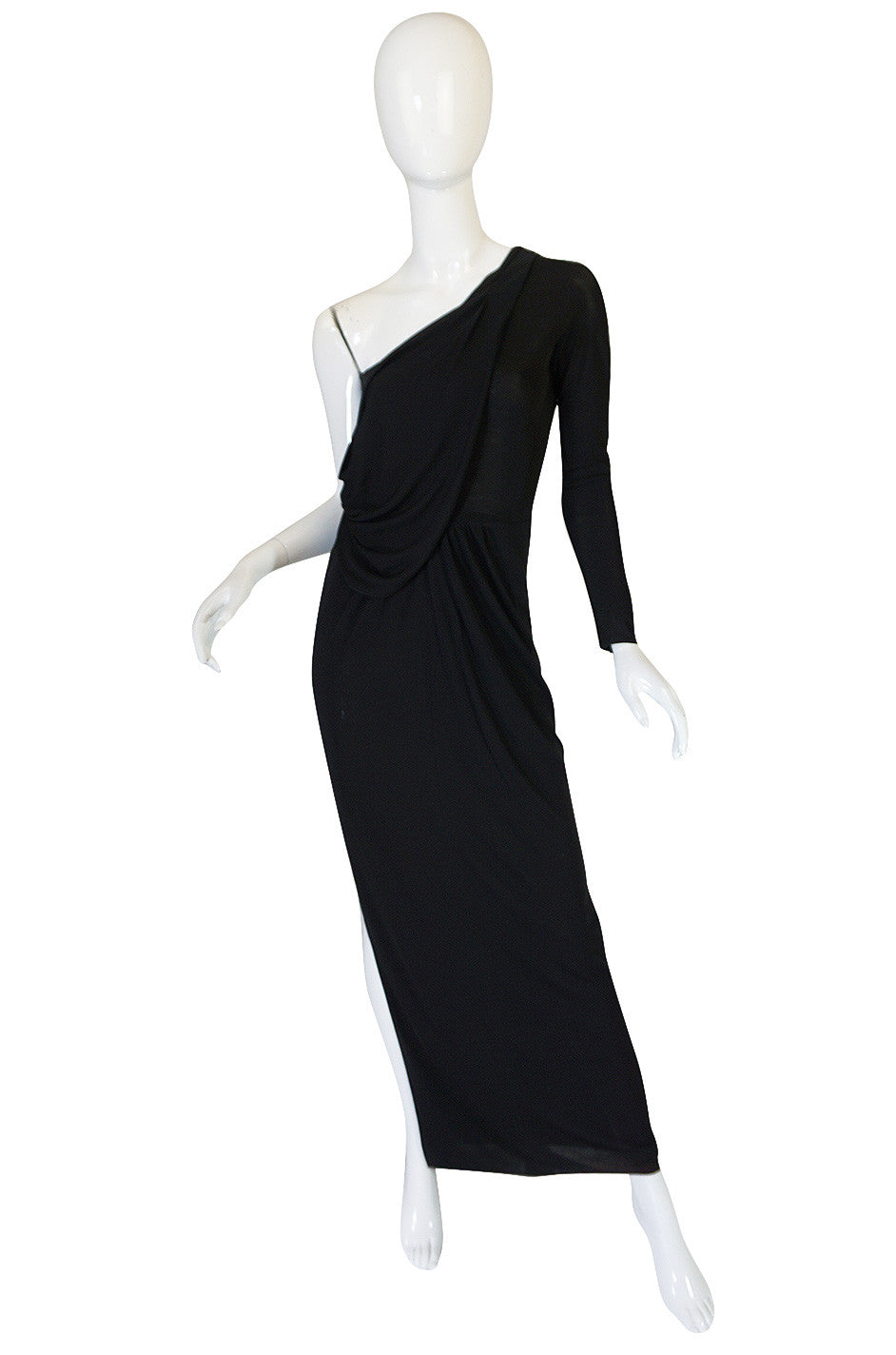 1970s One Shoulder Black Jersey John Anthony Dress | shrimptoncouture.com