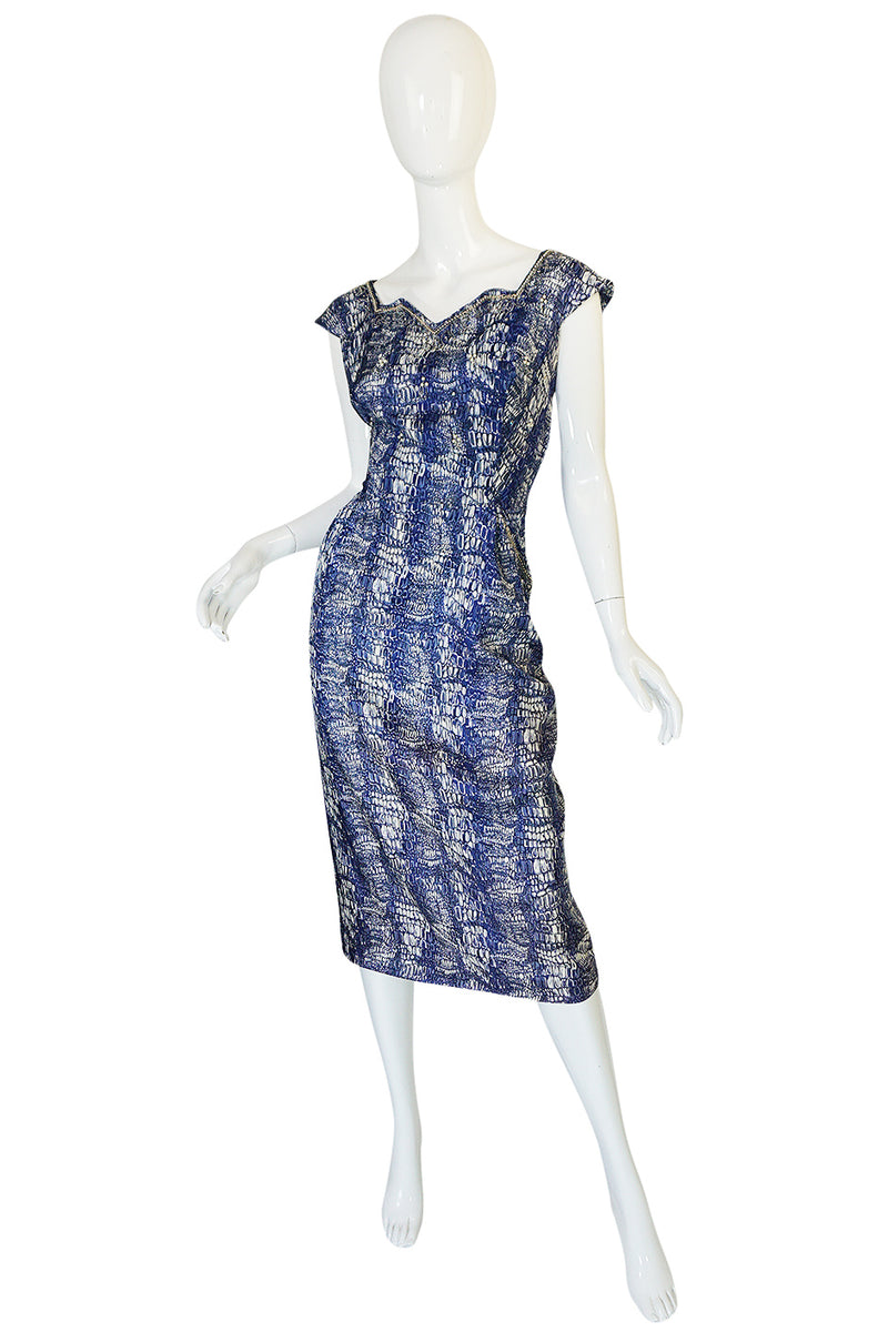 1940s Blue Crocodile/Alligator Print Silk Dress w Beaded Detail ...