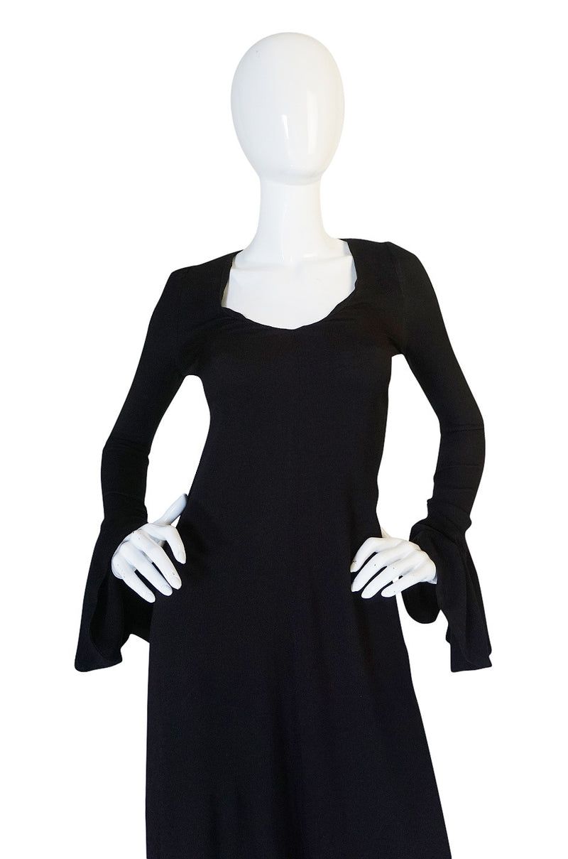1970s Biba Ruffled Cuffs Black Moss Crepe Dress