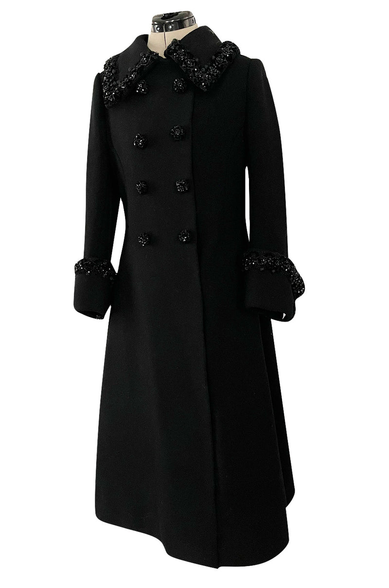 Glamorous 1960s Tailored Black Wool Coat w Densely Beaded Cuffs Collar ...