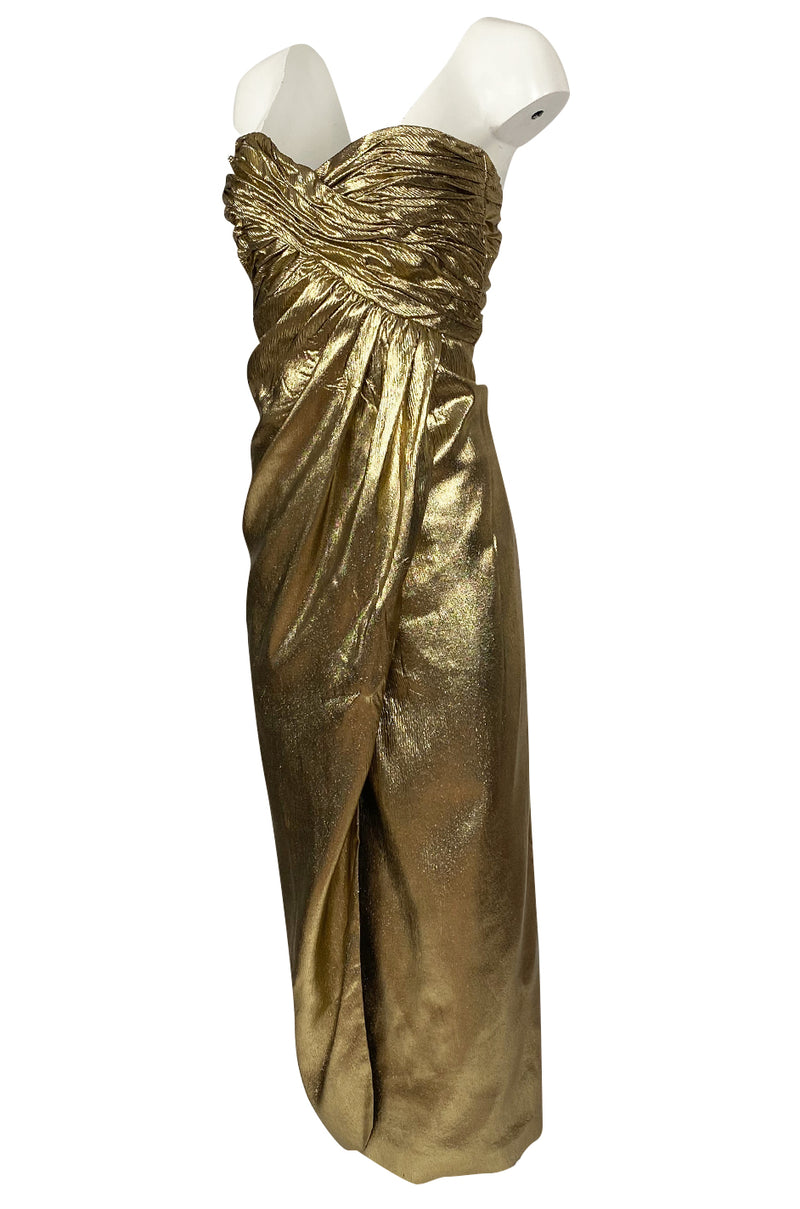 1970s Robert David Morton Gold Lame Strapless Gathered Bodice Dress ...