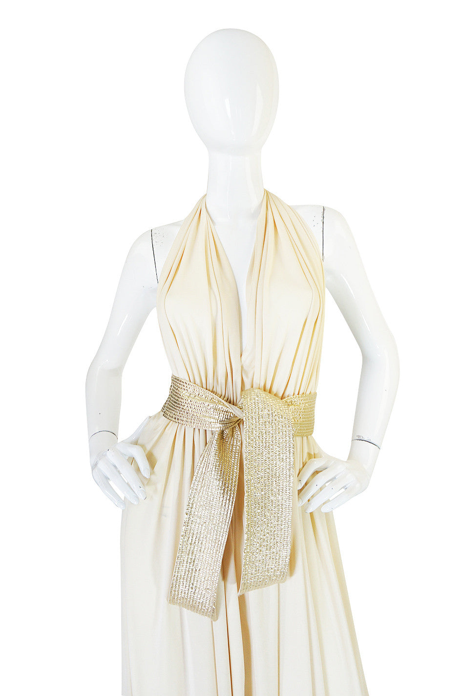 1970s Bill Tice Plunge Cream & Gold Backless Dress | shrimptoncouture.com