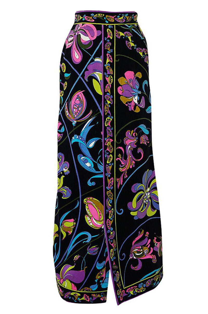 1960s Emilio Pucci Black Velvet With Vivid Floral Print Skirt