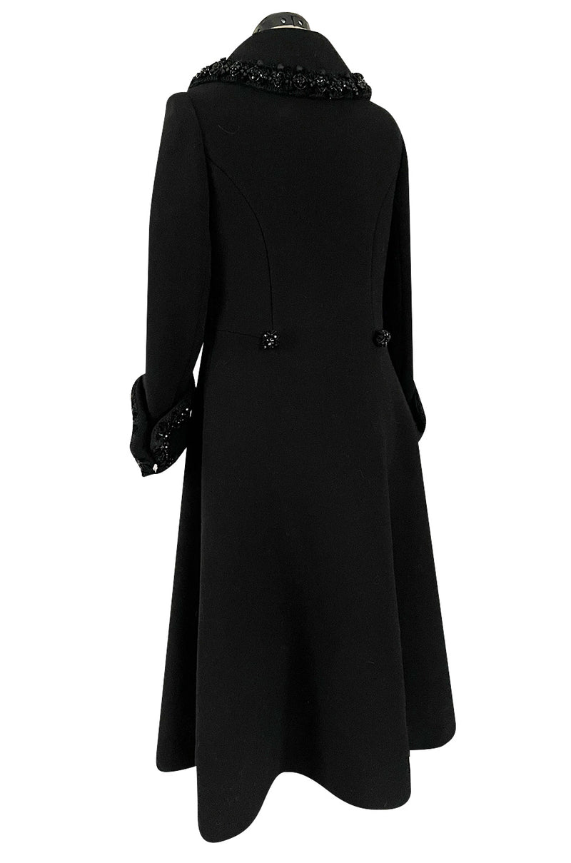 Glamorous 1960s Tailored Black Wool Coat w Densely Beaded Cuffs Collar ...