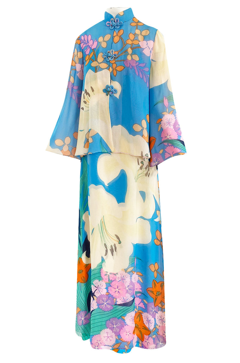 Extraordinary 1970s Hanae Mori Couture Pastel Turquoise Floral Print S ...