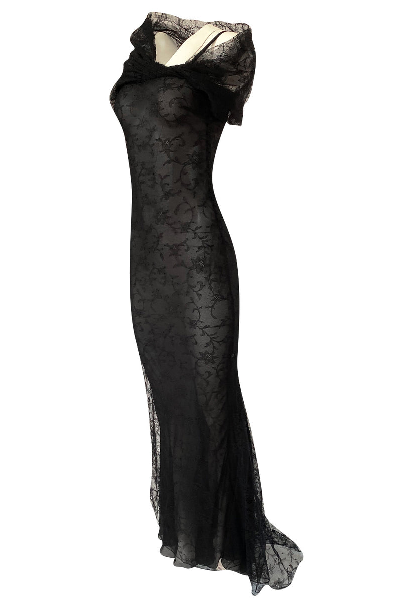 Incredible 2000s John Galliano Fine Black Lace Dress w Train & High Co ...