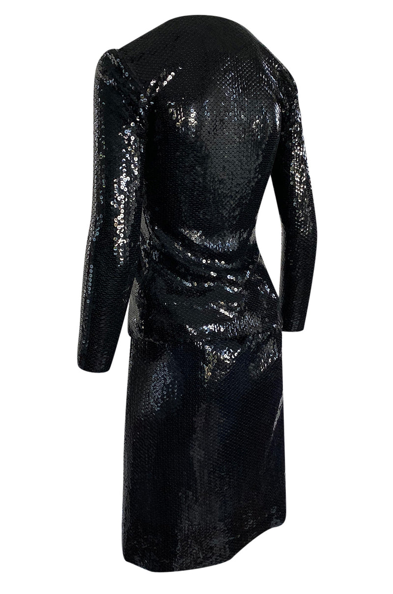 1973 Halston Couture Glossy Black Hand Applied Sequin Skirt & Jacket E ...