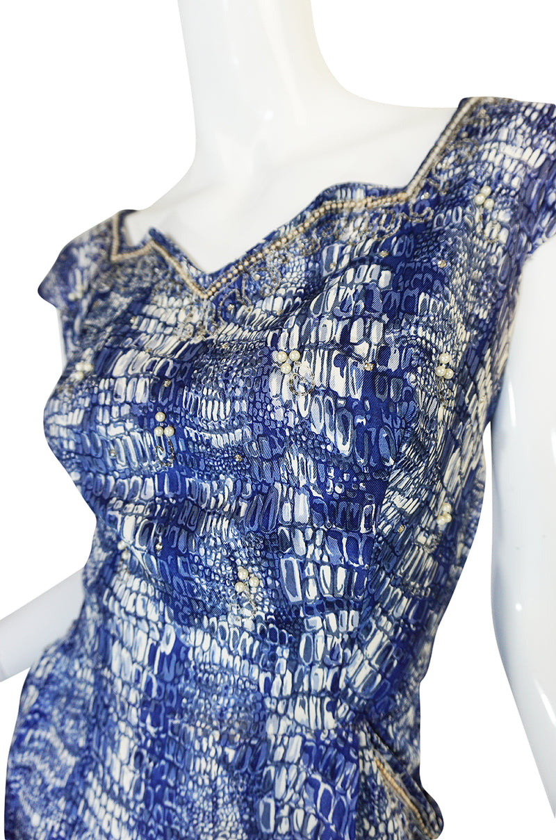 1940s Blue Crocodile/Alligator Print Silk Dress w Beaded Detail ...