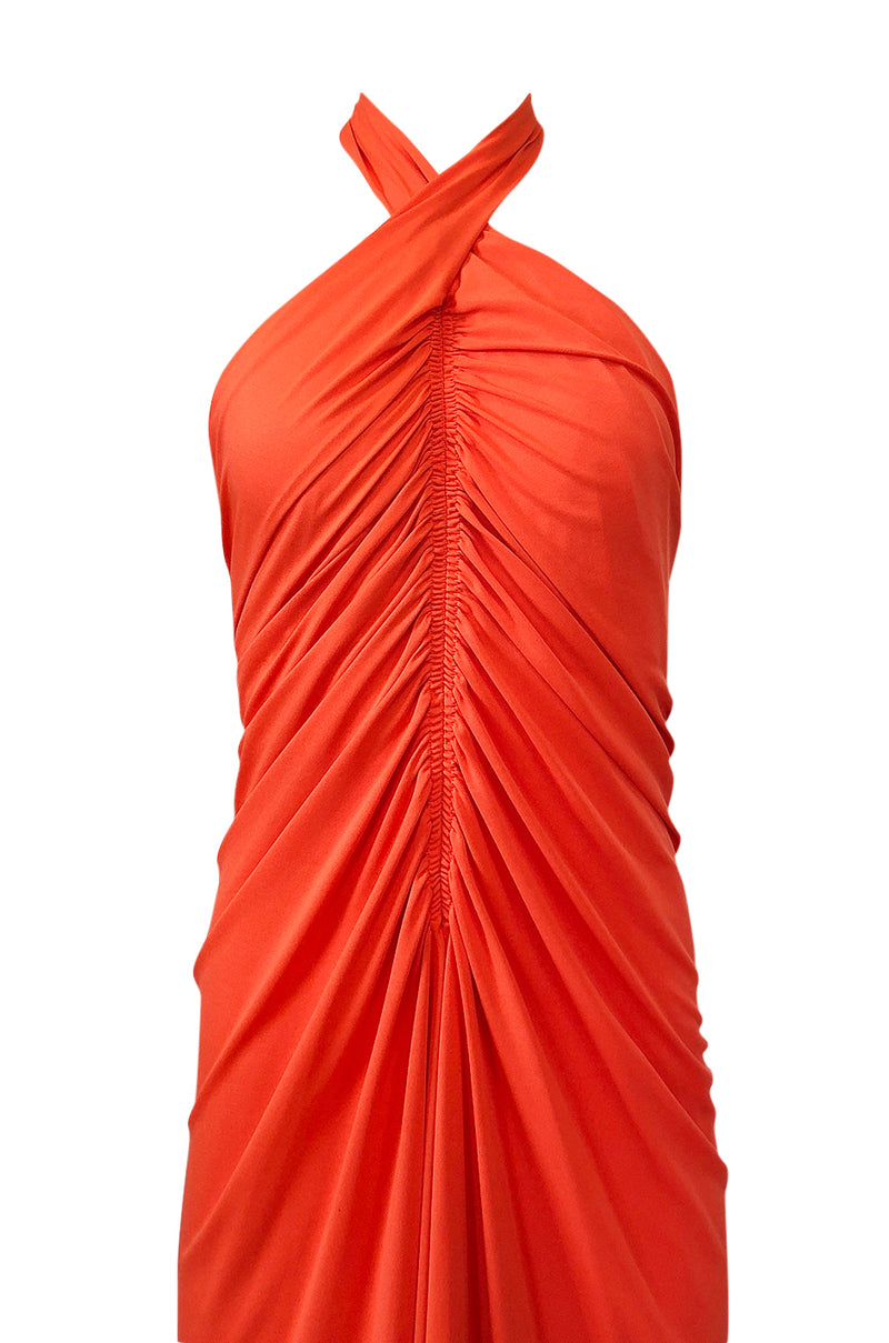 1970s Frank Usher Gathered Halter Backless Coral Jersey Dress ...