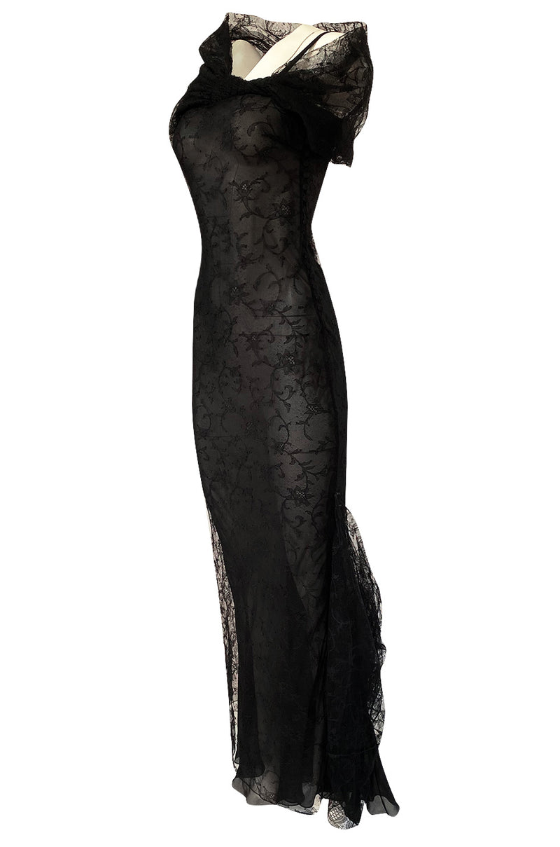 Incredible 2000s John Galliano Fine Black Lace Dress w Train & High Co ...