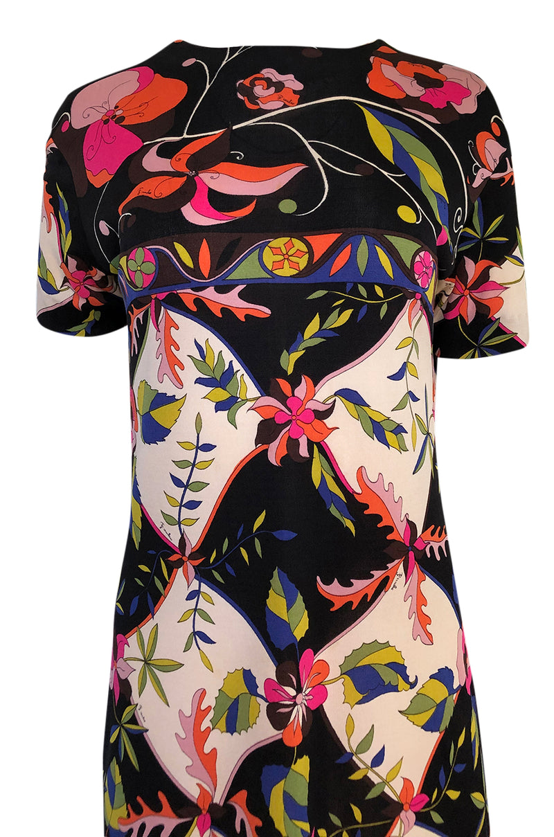 1960s Emilio Pucci Unusual Bright Floral & Black Print Silk Jersey Dre ...