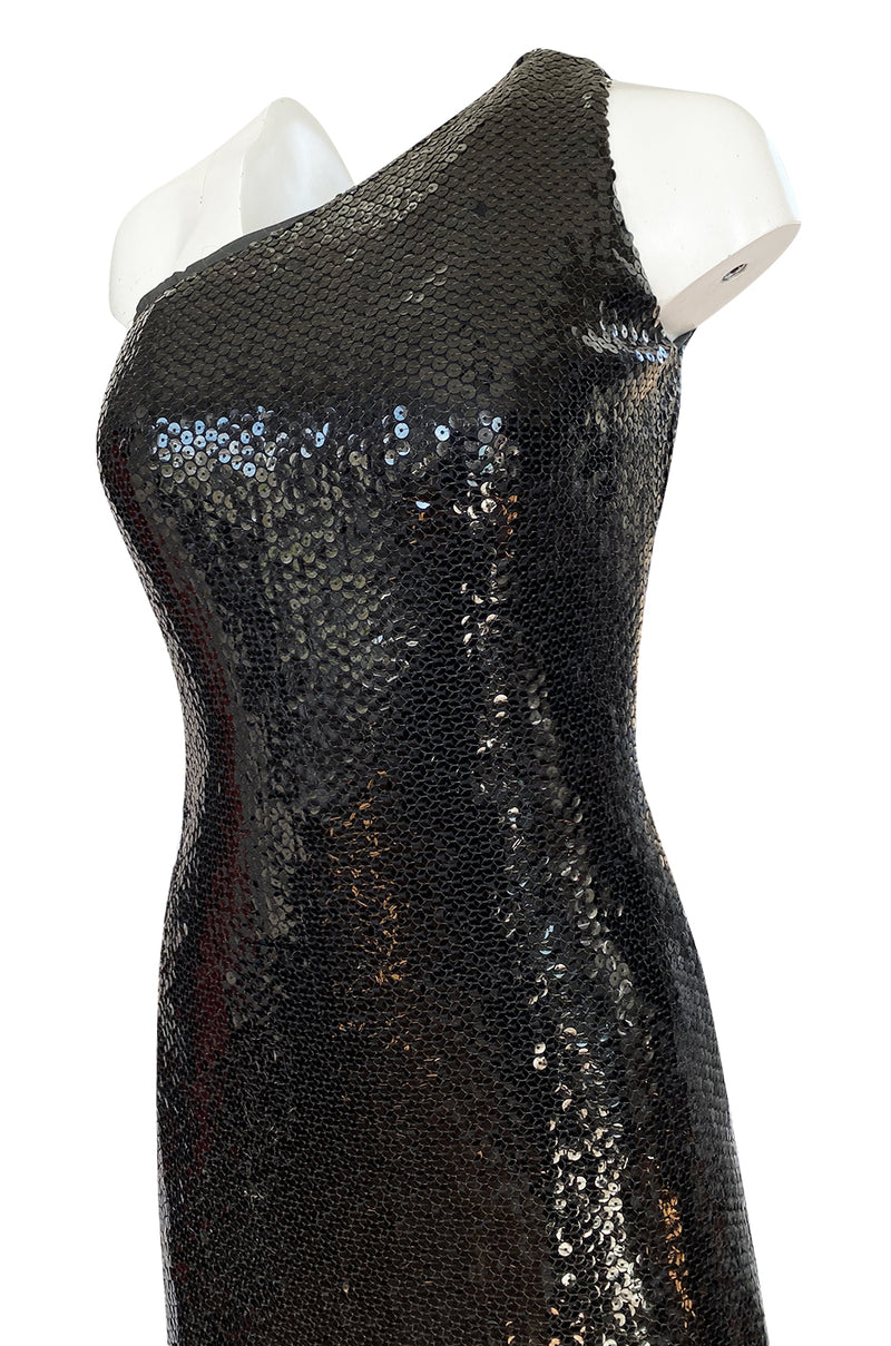 1974 Bill Blass One Shoulder Glossy Black Sequin Dress with Fringe Hem ...