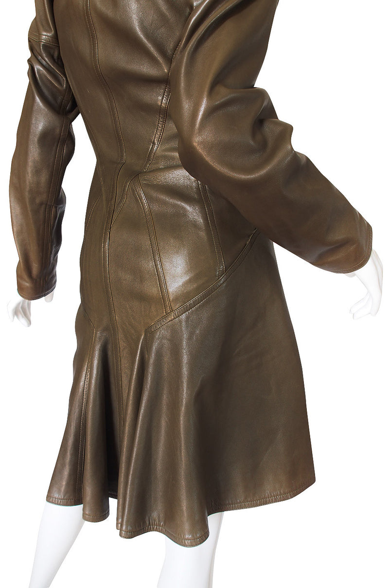 1980s Alaia Olive Leather Bustle Back Coat or Dress – Shrimpton Couture