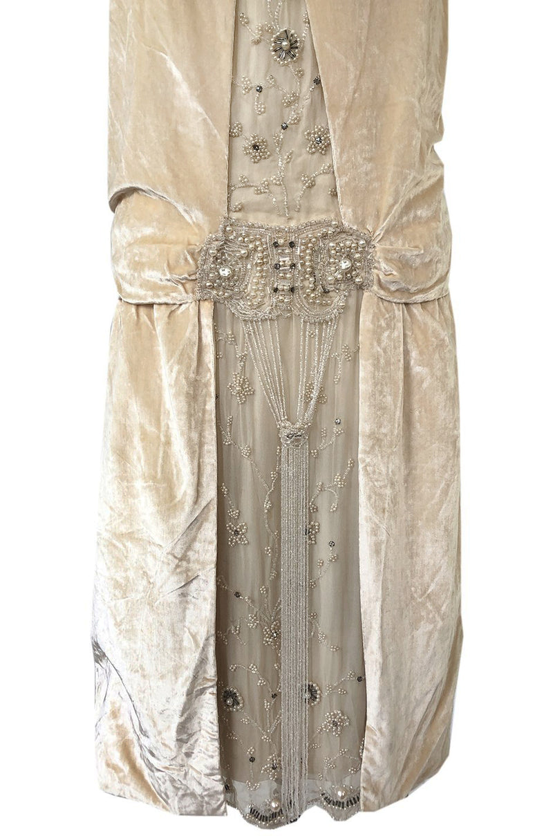1920s Gold Ivory Silk Velvet & Silk Chiffon Pearl Flower Beaded Dress ...
