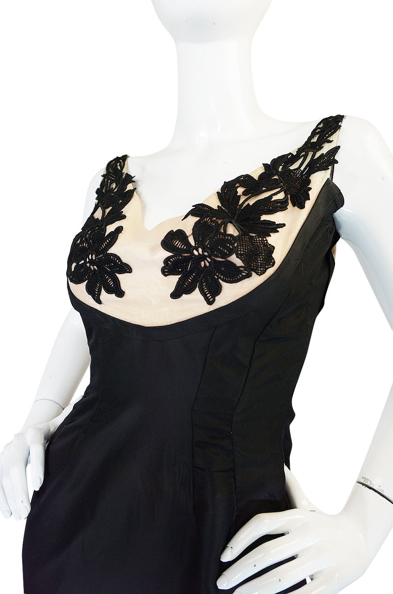 1950s Floral & Nude Applique Bust Black Silk Bombshell Dress ...