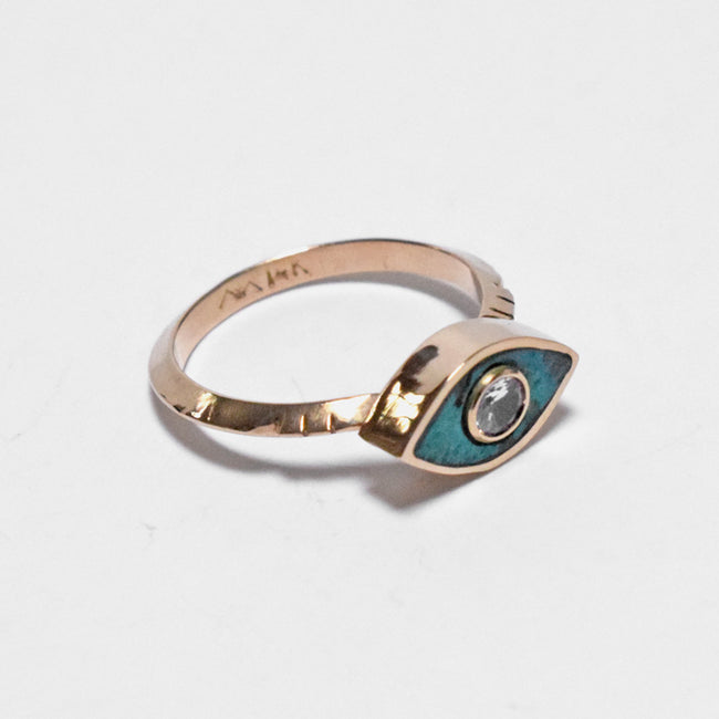 Young in the Mountains Ethically-made Fine Jewelry Ring with chrysocolla and white sapphire evil eye on 14k gold band - Collyer's Mansion