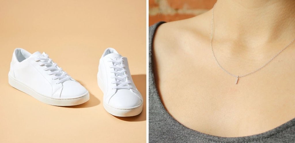 Featuring eco-friendly accessories, with white tennis shoes from Thousand Fell, and a dainty silver necklace from the Fairtrade Jewellery Compancy.