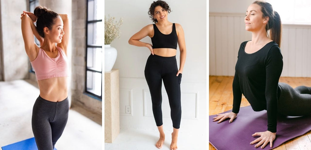 A collage of 3 women in athleisure wear. The first wears a bamboo bralette and bamboo leggings as she stretches, another wears a long-sleeve bamboo shirt and bamboo leggings as she does a yoga pose, and the 3rd poses comfortably in a bamboo bralette and bamboo pocket leggings.