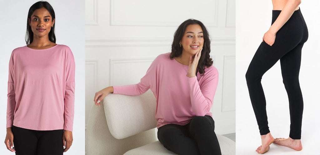 A pink outfit in honour of breast cancer awareness month in Canada. A woman wears a pink Bridget Dolman Bamboo Top with black Viva Pocket Leggings in soft, sustainable bamboo fabric.