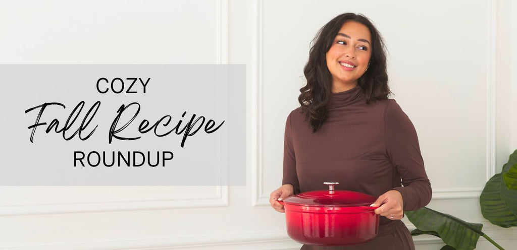 A woman carries a red crock pot and wears a soft, bamboo mock neck shirt in a rich brown colour. Title text to the left reads, "Cozy Fall Recipe Roundup".