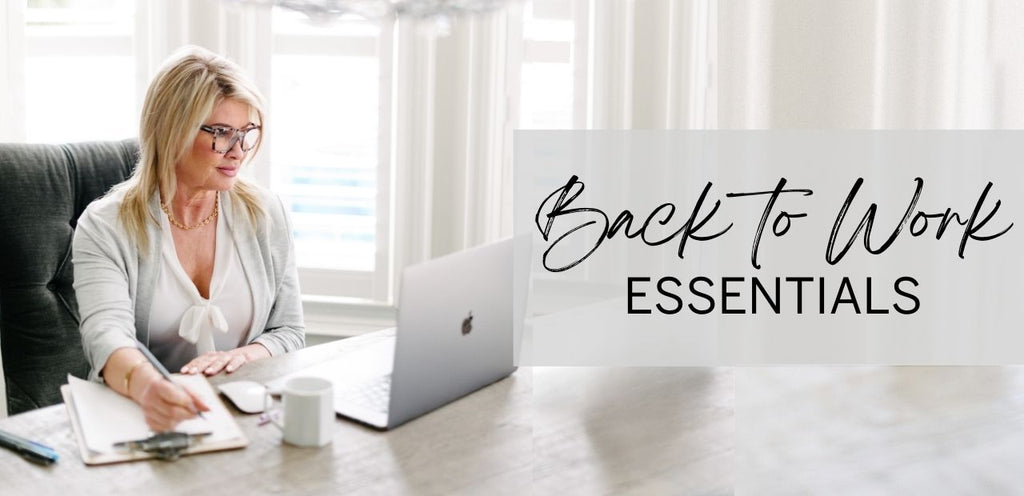 A woman sits at a desk in a brightly lit room, wearing comfortable, bamboo workwear. Title text on the right reads, "Back to Work Essentials."