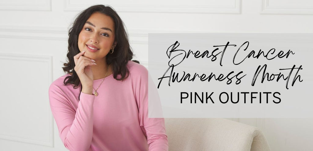 A woman wears a pink Bridget Dolman Bamboo top in honour of breast cancer awareness month. Title text to the right reads, "Breast Cancer Awareness Month: Pink Outfits".