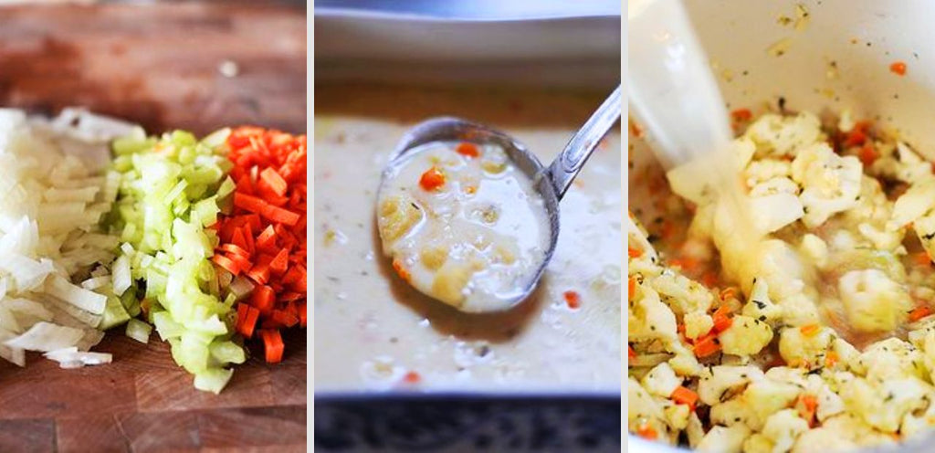 A collage of images showing ingredients for cauliflower soup. The left image shows diced onion, celery and carrot, the centre shows the finished, creamy soup with small veggies, and the right shows cauliflower and the diced vegetables in a pot, with chicken broth being poured over them.