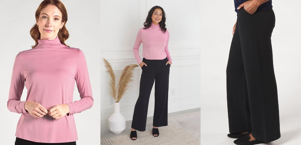 A collage of images featuring a pink bamboo outfit. A woman wears a pink Dalya Funnel-neck Bamboo Top with the Samira Wide-leg Bamboo pants in black.