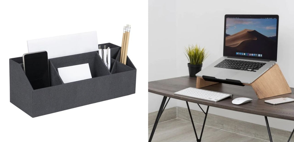 Back to work desk essentials include a desk organizer and a bamboo laptop stand.